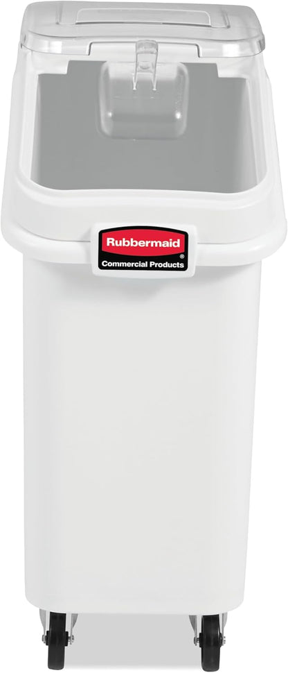 Rubbermaid Commercial Products ProSave Shelf-Storage Ingredient Bin With Scoop, 600-Cup capacity, Plastic, White, Sliding Lid, Container with Wheels for Kitchen/Restaurant Food Organization