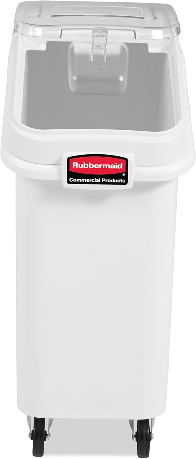 Rubbermaid Commercial Products ProSave Shelf-Storage Ingredient Bin With Scoop, 600-Cup capacity, Plastic, White, Sliding Lid, Container with Wheels for Kitchen/Restaurant Food Organization