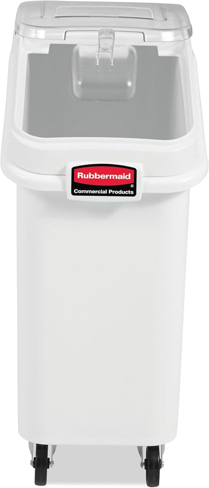 Rubbermaid Commercial Products ProSave Shelf-Storage Ingredient Bin With Scoop, 600-Cup capacity, Plastic, White, Sliding Lid, Container with Wheels for Kitchen/Restaurant Food Organization
