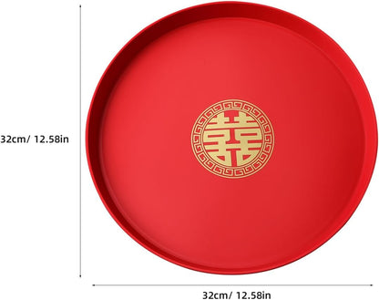 CHILDWEET Red Round Wedding Tray Chinese Style Snack Serving Platter for Candy Nuts Dried Fruits Weddings Parties and Chinese New Year Celebrations 12.6 Inch
