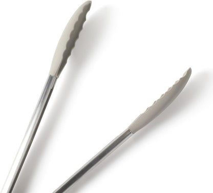 Calphalon Edge Tongs Set, 2-Piece Stainless Steel Kitchen Tongs Set with Silicone Heads, Includes 9-Inch & 12-Inch Heat-Resistant Locking Tongs for Cooking, Grilling & Serving, Taupe