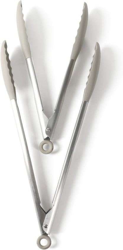 Calphalon Edge Tongs Set, 2-Piece Stainless Steel Kitchen Tongs Set with Silicone Heads, Includes 9-Inch & 12-Inch Heat-Resistant Locking Tongs for Cooking, Grilling & Serving, Taupe