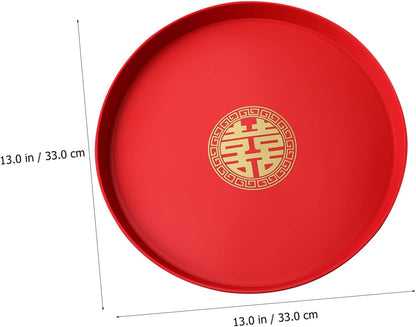 Red Round Wedding Serving Tray Chinese Style Snack Candy Dried Fruit Platter Decorative Storage Dish for Wedding Parties Family Events 13 Inch
