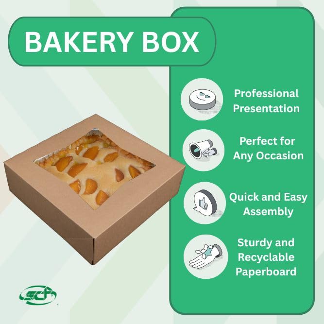 SCT Kraft Window Bakery Box (200 Pack) 10x10x2.5, Auto Pop-Up Bakery Carrier for Pies, Donuts, Pastries, Kraft with Clear Lid, 24233K