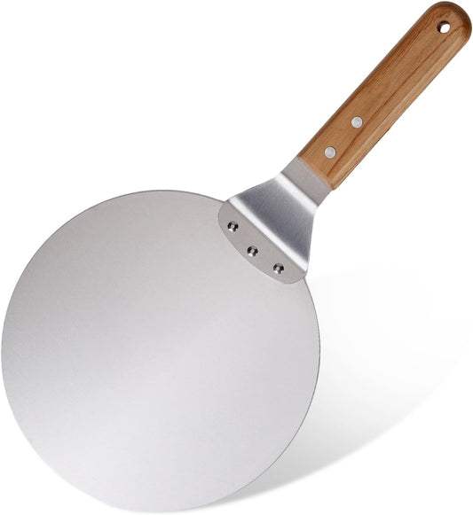 8-Inch Professional Pizza Peel - 430 Stainless Steel Round Blade with Solid Wood Handle, Secure Connection for Pizza/Cake/Pastry Transfer, Essential Baking Tool