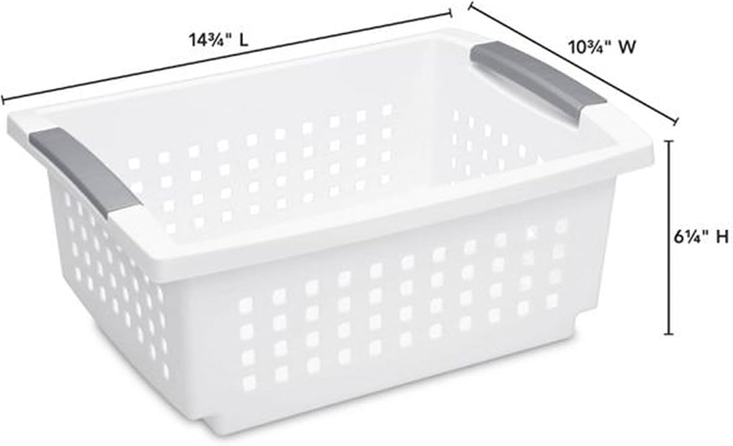 Sterilite Medium Stacking Basket, Plastic Storage Bin to Organize Countertops, Shelves, Closets, Classroom, Bathroom, and Dorm, White with Gray Handles, 4-pack
