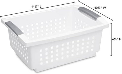 Sterilite Medium Stacking Basket, Plastic Storage Bin to Organize Countertops, Shelves, Closets, Classroom, Bathroom, and Dorm, White with Gray Handles, 4-pack