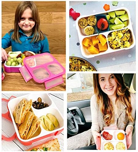 kinsho Medium Bento Boxes for Kids, Lunch Box for Boys Girls Toddler Adults, Leak-Proof 3 Compartment Containers for Meal or Snack at School Daycare Work Travel, BPA Free 2 Pack (Pastel Blue + Pink)