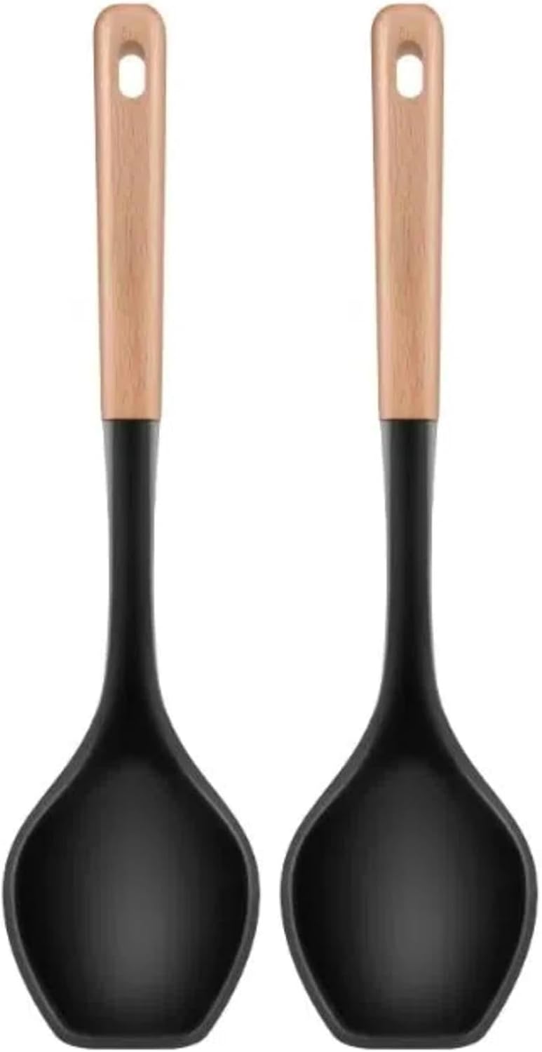 LorisArm Large Cooking Spoons. 12.5" Heat Resistant Silicone Serving Spoon, Nonstick Kitchen Utensils Wooden Handle Rubber Spoon for Mixing, Stiring,Baking,Scooping and Scraping.
