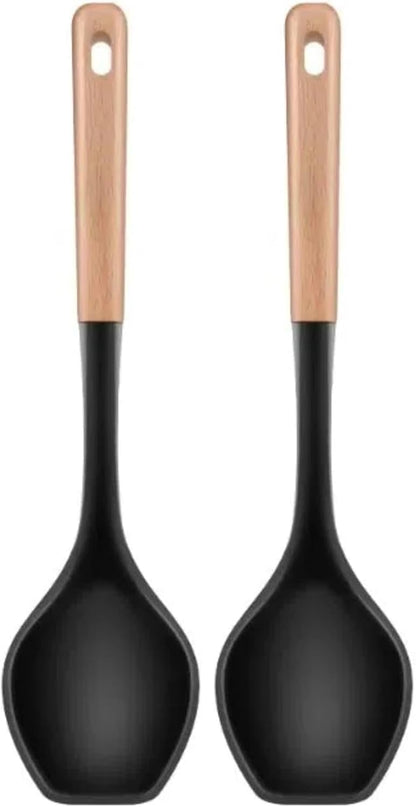LorisArm Large Cooking Spoons. 12.5" Heat Resistant Silicone Serving Spoon, Nonstick Kitchen Utensils Wooden Handle Rubber Spoon for Mixing, Stiring,Baking,Scooping and Scraping.