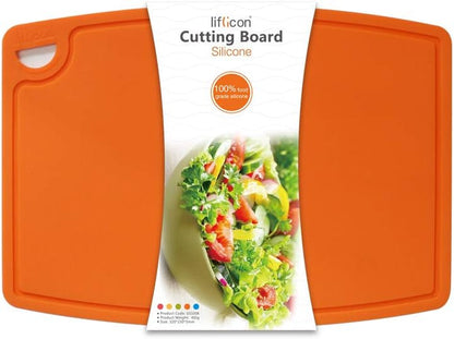 Liflicon Thick Cutting Boards for Kitchen Silicone Chopping Board Set of 2 Mid 12.6'' x 9.1”,Mini 9.1”x7.1” Non-slip Deep Drip Juice Groove Easy Grip Handle,Dishwasher Safe-Red