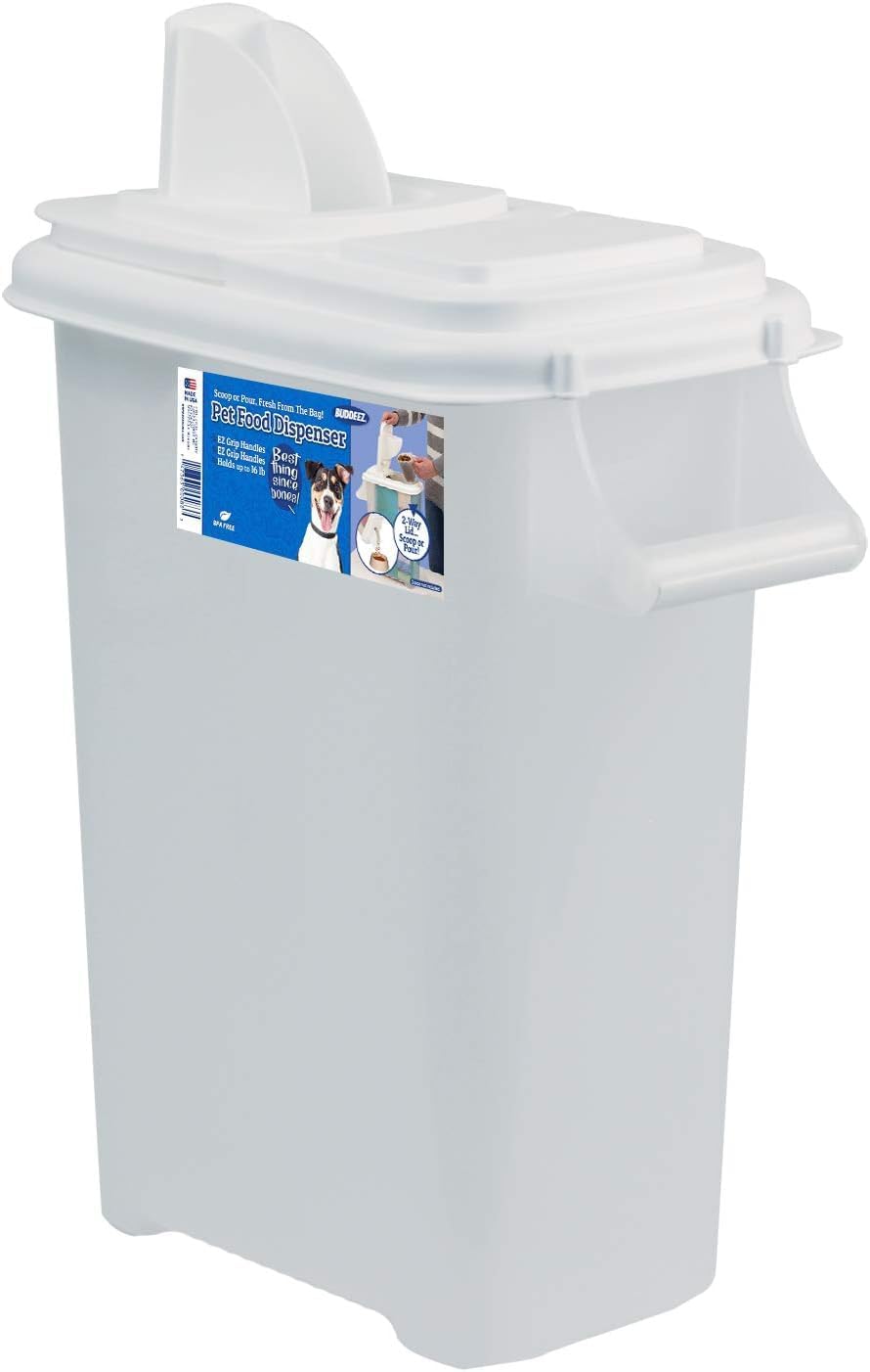 Buddeez Pet Food Storage Dispensers Plastic 4 Gallon - Airtight Flip Top for Freshness - Dry Dog Food, Cat Food or Bird Seed Plastic Containers (Set of 2)
