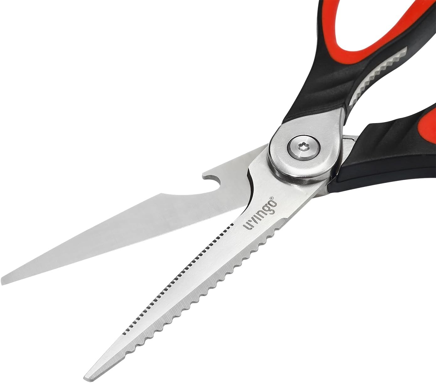 LIVINGO 8.5 Inch Kitchen Scissors Heavy Duty - Multi-Purpose Food Shears with Serrated Blades, Nut Cracker, Fish Scaler, Bottle Opener, Black & Red Handle