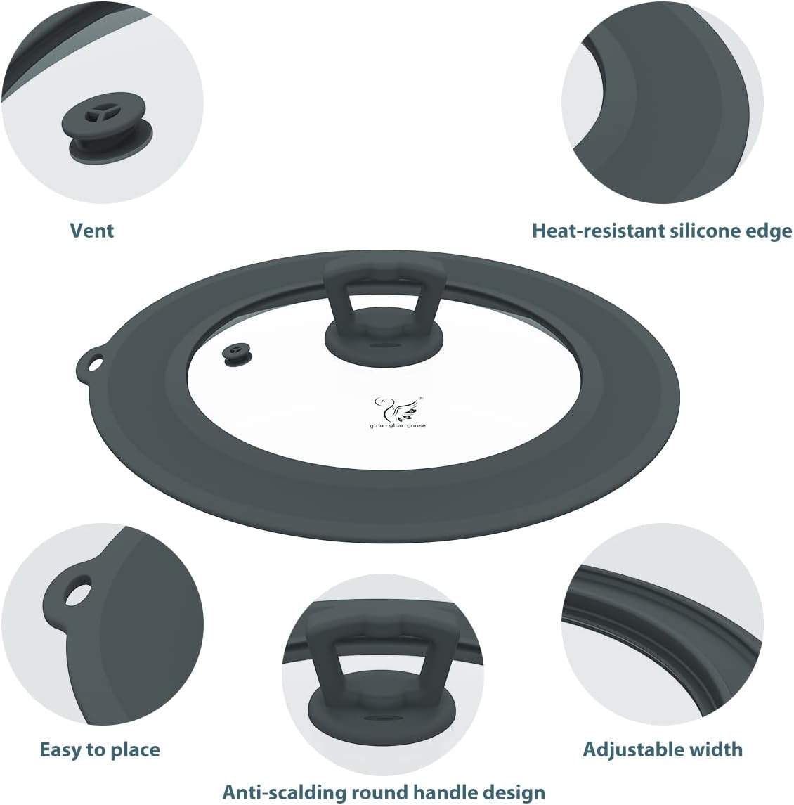 Vented Tempered Glass Universal Lid for Pot Pan Skillet with Heat Resistant Silicone Rim Microwave Splatter Lid Cover Microwave Safe Fit 11.5" 12" 12.5" Cookware, Dishwasher Safe Grey