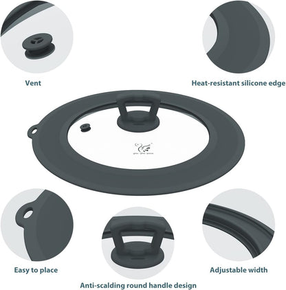 Vented Tempered Glass Universal Lid for Pot Pan Skillet with Heat Resistant Silicone Rim Microwave Splatter Lid Cover Microwave Safe Fit 11.5" 12" 12.5" Cookware, Dishwasher Safe Grey