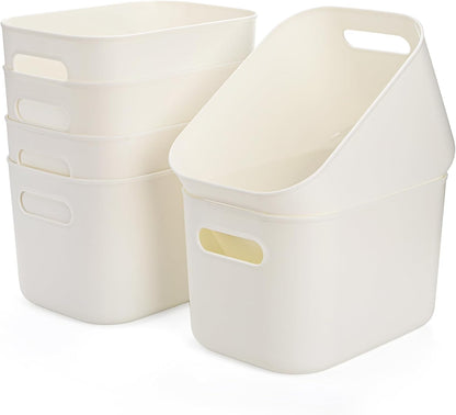 Yopay 6 Pack Plastic Storage Bin with Handle, White Bathroom Kitchen Organizer Bin for School, Office, Classroom, Hand Soaps, Shampoos, Lotion, Conditioners, Hand Towels, Cosmetic, Snacks, Seasoning
