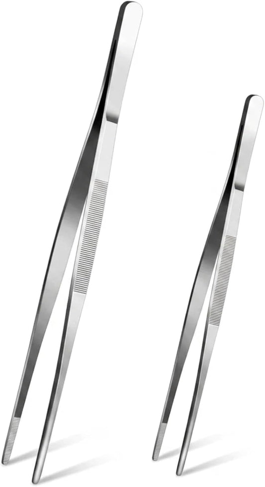 Heavy Duty 2 PC Kitchen Tweezers Tongs Metal 12 & 8 Inch Fine Tweezer Tongs, Extra-Long Stainless Steel Cooking Tweezers for Cooking, Repairing, Sea food and BBQ