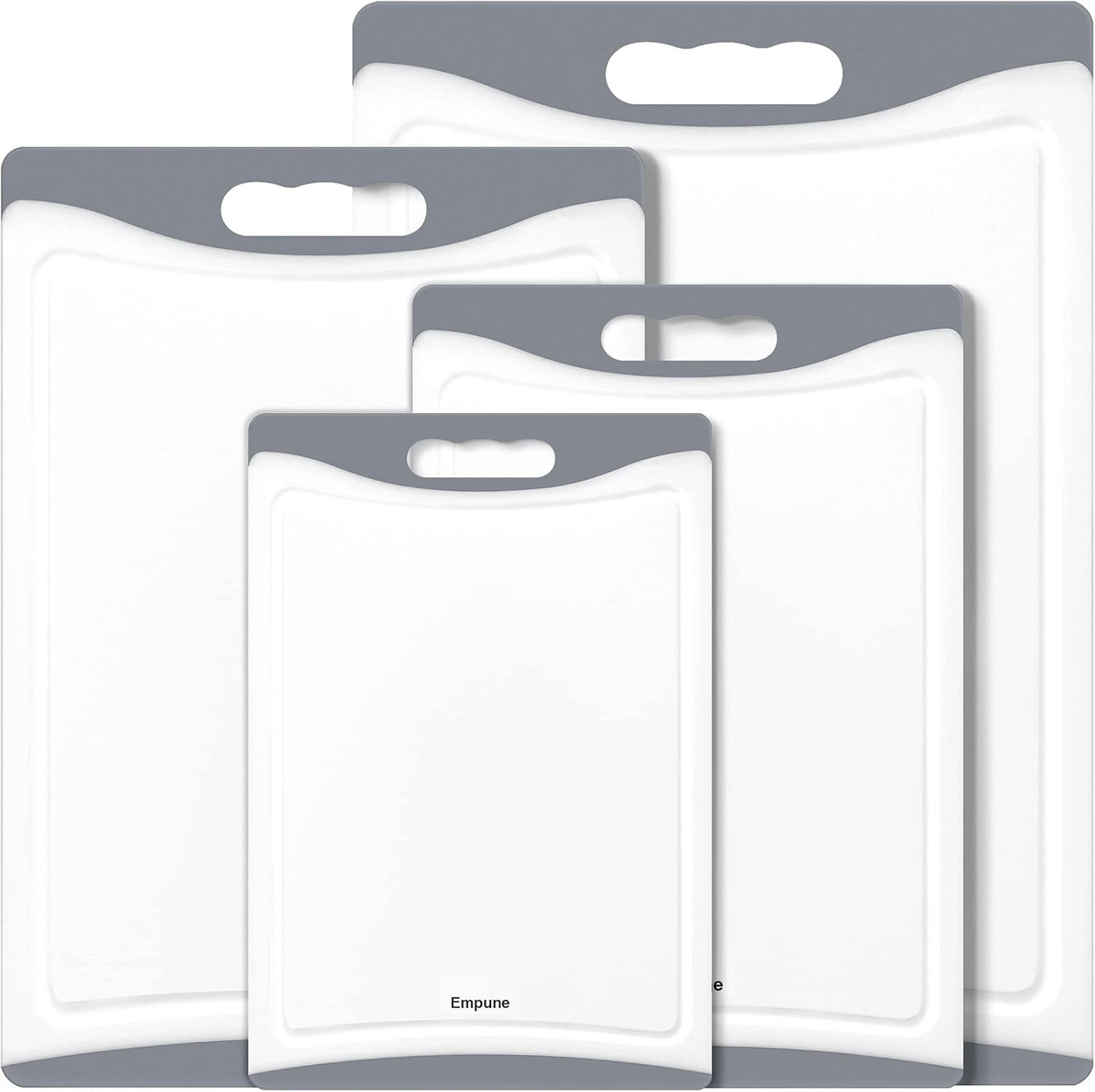 Extra Large Cutting Boards, Plastic Cutting Boards for Kitchen (Set of 4) Cutting Board Set Dishwasher Safe Chopping Board with Juice Grooves Easy-Grip Handles, Grey, Empune