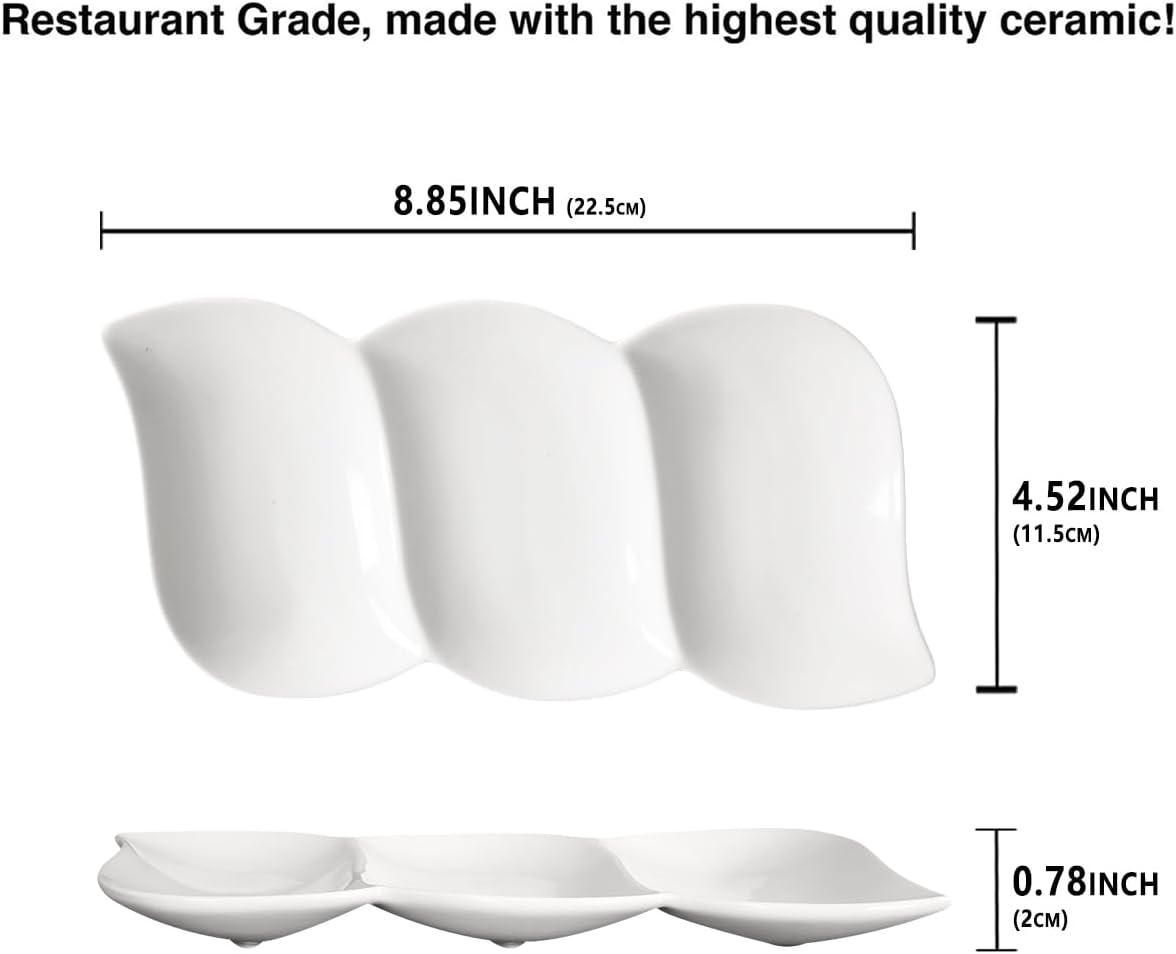 Chip and Dip Serving Set Porcelain Tray Deep Divided Bowl,Set of 2 Divided Platters/Divided Bowls,Lunch&buffet tableware,for Dishwashers,microwaves,ovens safety 13.9 Inch