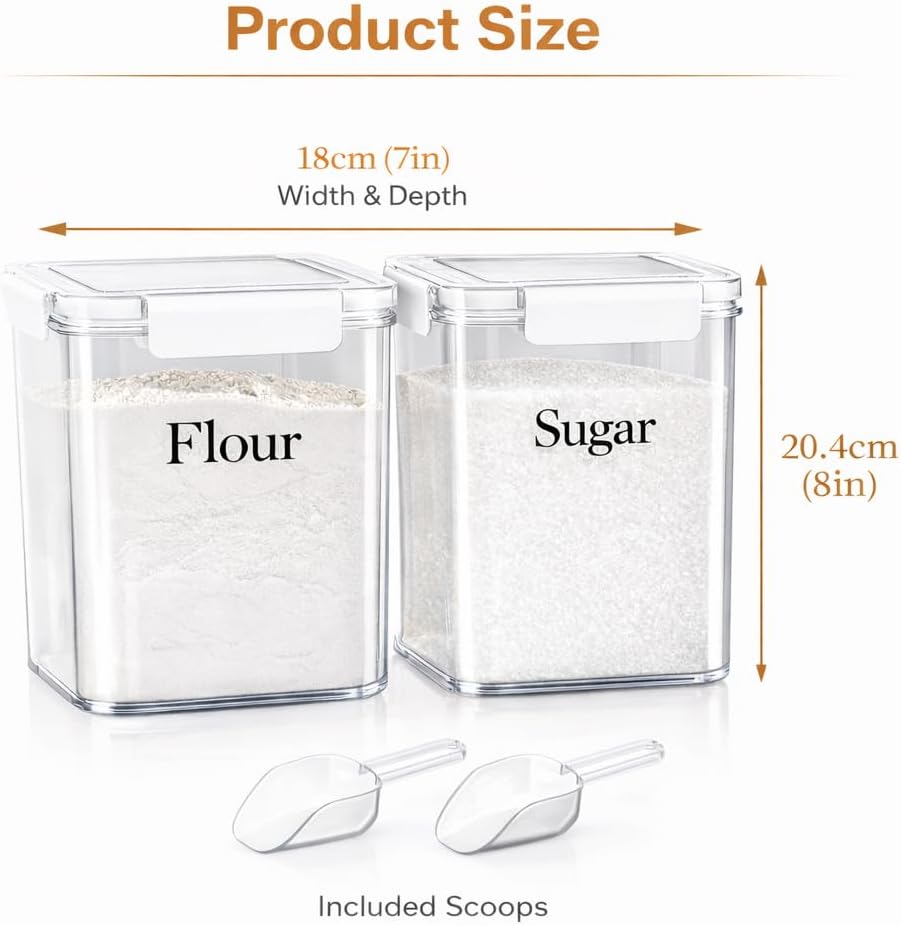 Set of 2 Large Food Storage Jars 4L - Airtight Containers with Lids, White with Free Spoon - Kitchen Canisters for Sugar,Flour,Coffee,Pantry Organization-S
