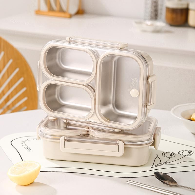 25oz 18/8 Stainless Steel Lunch Box Kit (Bento Box + Fork/Spoon) - 3 Leakproof Compartments - Metal Snack Box for Kids & Adults - School/Office/Travel - Dishwasher Safe (Beige)