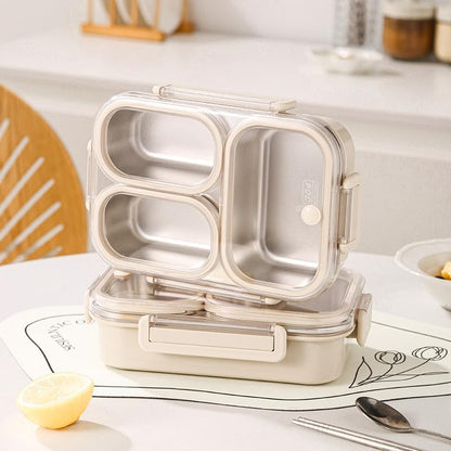 25oz 18/8 Stainless Steel Lunch Box Kit (Bento Box + Fork/Spoon) - 3 Leakproof Compartments - Metal Snack Box for Kids & Adults - School/Office/Travel - Dishwasher Safe (Beige)