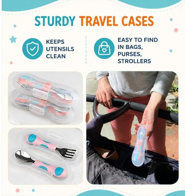 kinsho Toddler Utensils - Kids Silverware Set with Travel Case 3 pack - Stainless Steel Forks Spoons for 1 2 3 4 Years Old. Metal Lunch Box Cutlery for Children Girls, Round Handle, 6 Pieces Pink Blue