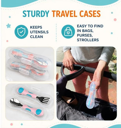 kinsho Toddler Utensils - Kids Silverware Set with Travel Case 3 pack - Stainless Steel Forks Spoons for 1 2 3 4 Years Old. Metal Lunch Box Cutlery for Children Girls, Round Handle, 6 Pieces Pink Blue