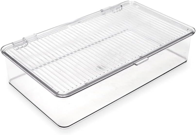 Isaac Jacobs Medium Stackable Organizer Bin (10.75”x6.5”x3.7”) w/ Hinged Lid, Clear Storage Box, Home, Office, School, Fridge, Bathroom, Kitchen, Pantry Container, BPA-Free, Food Safe (Medium, Clear)