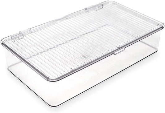 Isaac Jacobs Medium Stackable Organizer Bin (10.75”x6.5”x3.7”) w/ Hinged Lid, Clear Storage Box, Home, Office, School, Fridge, Bathroom, Kitchen, Pantry Container, BPA-Free, Food Safe (Medium, Clear)