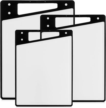 JoyJolt Plastic Cutting Board Set. White and Black Cutting Boards for Kitchen Dishwasher Safe with Handle. Non Slip Large and Small Chopping Board Set; Meat Cutting Board with Juice Groove.
