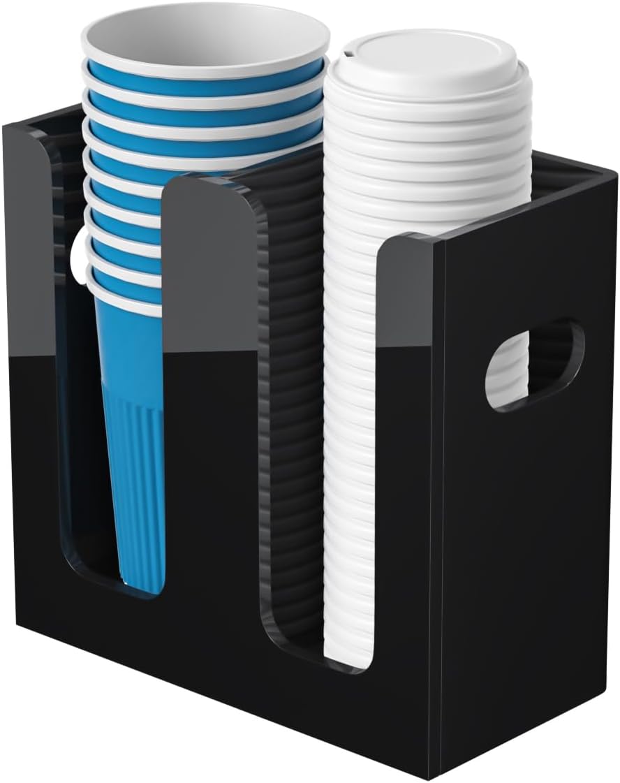 WINFFOR Disposable Cup Organizer Dispenser - 2 Compartments Clear Acrylic Cup and Lid Holder with Handles Plastic Cup Dispenser Countertop Paper Cup Holder for Coffee Bar House Party Essentials