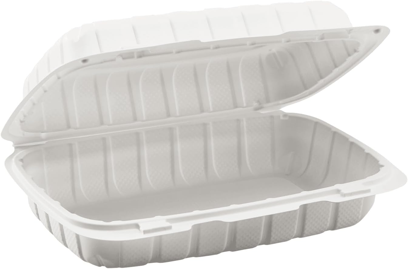 KARAT EARTH Clamshell Take Out Food Containers [8"x8" - 200 ct] To Go Containers | 3 Compartment, Soak-Resistant, Durable, Stackable | Vented for Hot/Cold Foods, White