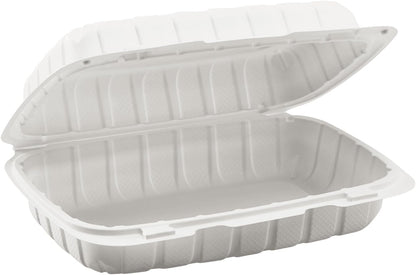 KARAT EARTH Clamshell Take Out Food Containers [8"x8" - 200 ct] To Go Containers | 3 Compartment, Soak-Resistant, Durable, Stackable | Vented for Hot/Cold Foods, White