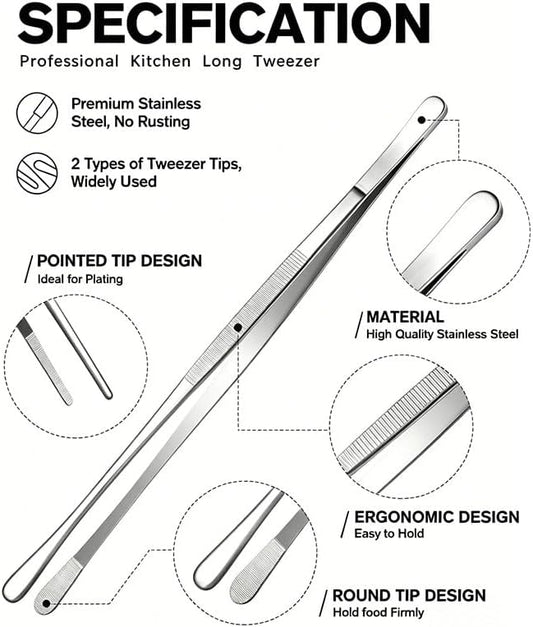 2 Pcs Fine Long Tweezers Tongs - 12-inch" & 10-inch" Stainless Steel Kitchen Tools for Cooking, Food Handling, Seafood, BBQ (Silver, Tweezers 12.01"L x 10"W)