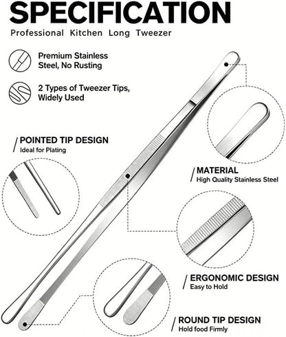 12 Inch & 10 Inch Long Kitchen Tweezers Tongs Set, Stainless Steel Precision Cooking Tweezers for BBQ, Seafood, Food Plating, Grilling and Kitchen Cooking Tools (white, Tongs 12 x 10)