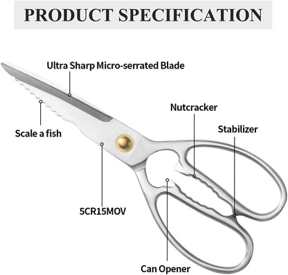 Professional Kitchen Scissors - Heavy Duty Stainless Steel Shears for Cutting Meat, Fish, Poultry, Vegetables, Pizza - Food Cutting Tools