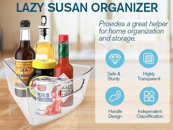 Lazy Susan Organizer for 25''-26'' Diameter Clear Corner Cabinet Storage Bins, Plastic Kitchen Corner Organizer with Handle 1/8 Wedge, Food Safe BPA Free (8 Pack)