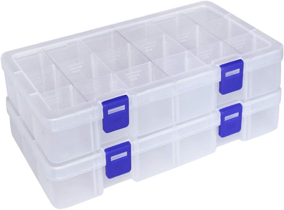 DUOFIRE Plastic Organizer Container Storage Box Adjustable Divider Removable Grid Compartment for Jewelry Beads Earring Tool Fishing Hook Small Accessories(18 grids, White X 2)
