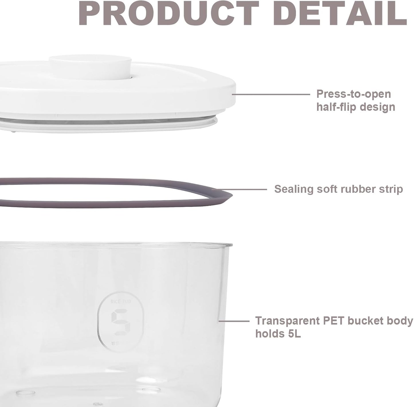 Airtight Rice Container with Measuring Cup, BPA-Free Clear PET Plastic Food Storage Container Pantry Organizers and Storage Sugar Cookies Flour Rice Container (5 L /5.28 QT)