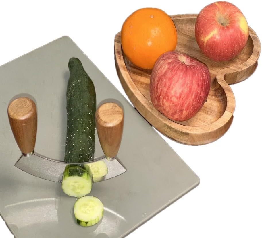 Salad Chopper With Round Wood Cutting Board - Mezzaluna Knife with Protective Cover and Anti-Slip Handle Stainless Steel Chopper Vegetable Cutter Onion Chopper Mincing Knife Pizza Cutter