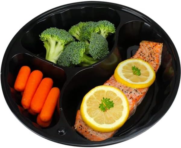 48oz - 3 Compartment - Disposable Black Meal Prep/Bento Box with Clear Dome Lids - Round Plastic Meal Containers - Reusable Box : Perfect For Salad, Meal Prep and Fruits : Set of 10
