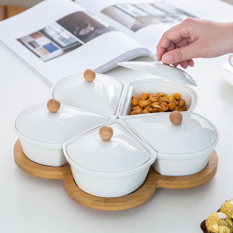 ele ELEOPTION 360° Rotatable Chip and Dip Serving Set, Trays, Appetizer Serving Tray, Divided Serving Tray, Platters, Relish Tray 5 bowls with lids