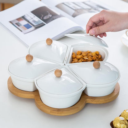 ele ELEOPTION 360° Rotatable Chip and Dip Serving Set, Trays, Appetizer Serving Tray, Divided Serving Tray, Platters, Relish Tray 5 bowls with lids