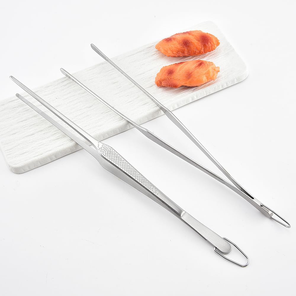 Stainless Steel Cooking Tweezers, 12-Inch Precision Kitchen Tweezers with Star Dot Texture, Wider Grip & Elevated Tips | Galaxy Grip Series, 2 Pcs (Black)