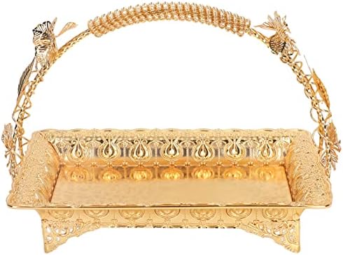 Gold Serving Tray, Vintage Coffee Table Tray Decorative Tea Tray Metal Snack Dessert Serving Dish and Platter with Handle for Home Bar Cafe Party Wedding