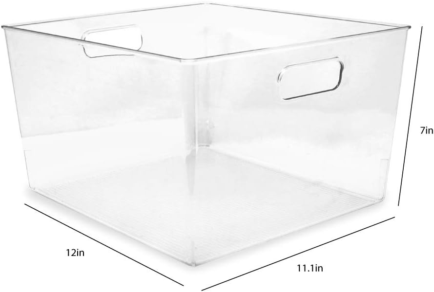 Isaac Jacobs 3-Pack Medium Clear Storage Bins with Handles, Plastic Organizer for Home or Fridge/Freezer, Pantry and Kitchen Non-Slip Container Set, BPA Free, Food Safe (3-Pack, Medium)