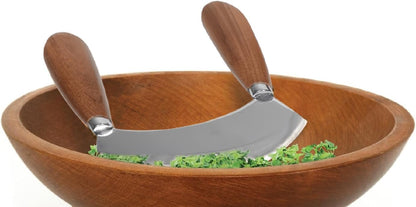 Salad Chopper With Round Wood Cutting Board - Mezzaluna Knife with Protective Cover and Anti-Slip Handle Stainless Steel Chopper Vegetable Cutter Onion Chopper Mincing Knife Pizza Cutter