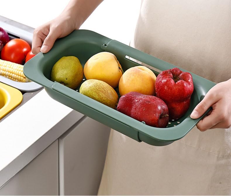 NIWWIN Collapsible Kitchen Colander Strainer, Expandable Over the Sink Colander for Kitchen, Adjustable Silicone Portable Sink Strainer, Foldable Wash Fruits Vegetables Noodle Basket (Green)