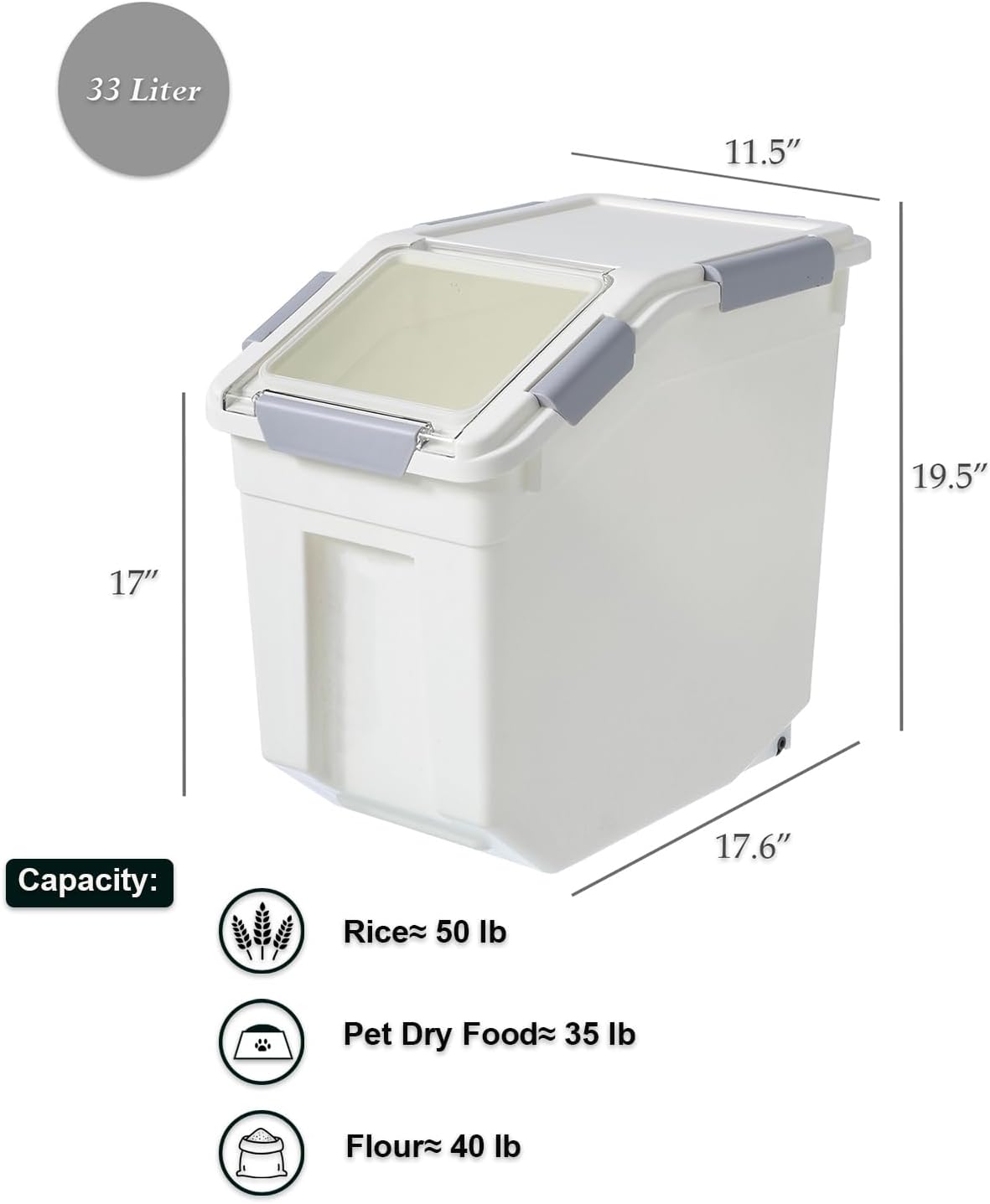 HANAMYA 32.5 Liter / 35 lbs Pet Food Storage Container with Measuring Cup, BPA free, For Dog Food | Cat Food | Rice | Grain | Flour, White & Gray, 1 count
